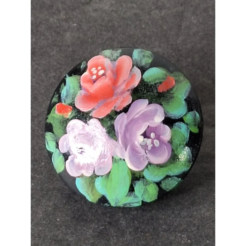 Vintage  Earrings Floral 1960's Hand Painted Wood Round Bright Abstract - Picture 3 of 8